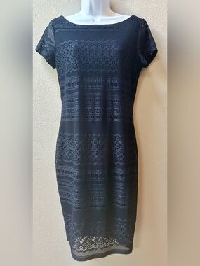 Banana Republic Navy Lace Crochet Sheath Dress Stretch Lined Size Small